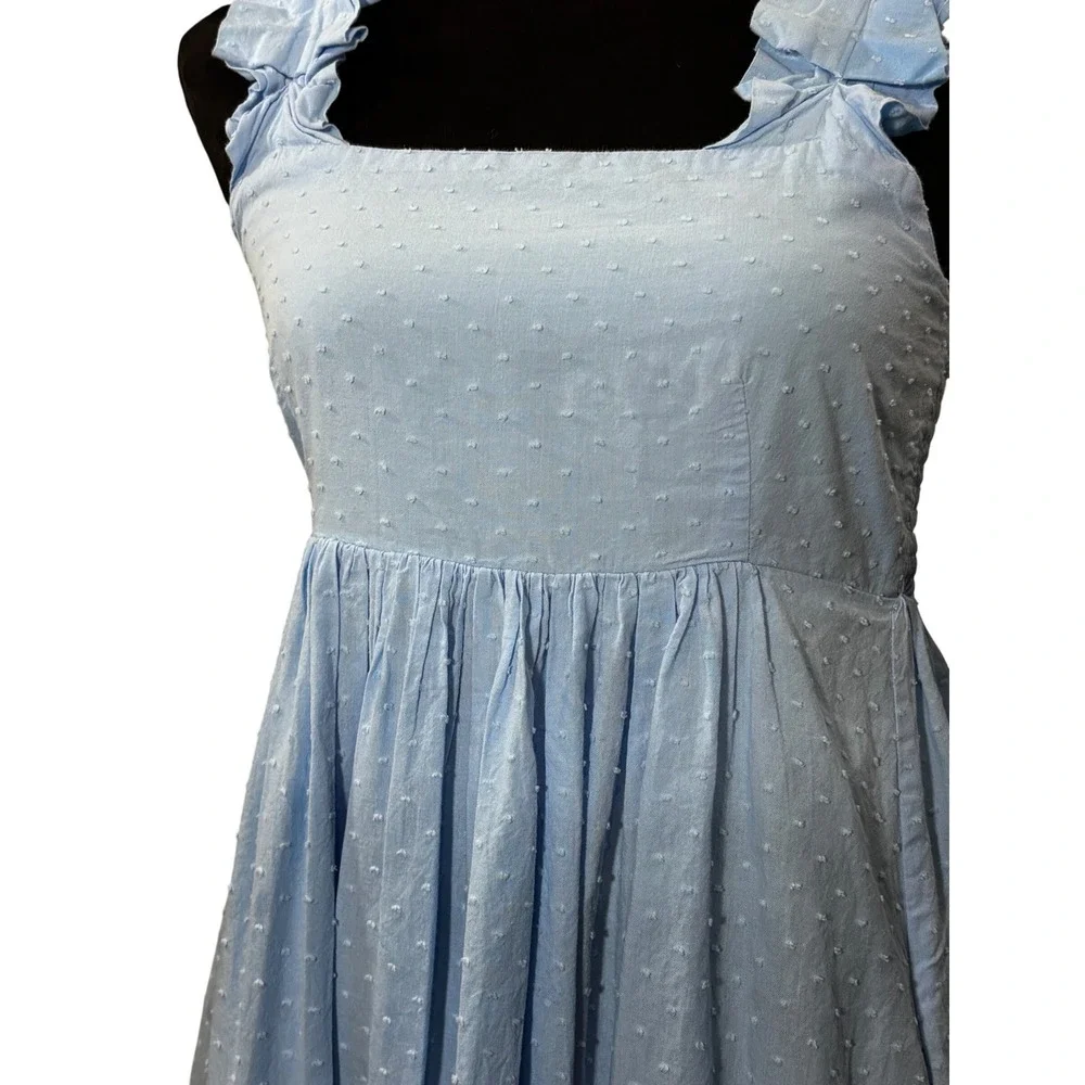 LAKE ‎ Light Blue Swiss Dot Smocked Midi Dress Ruffle Strap Square Neck
